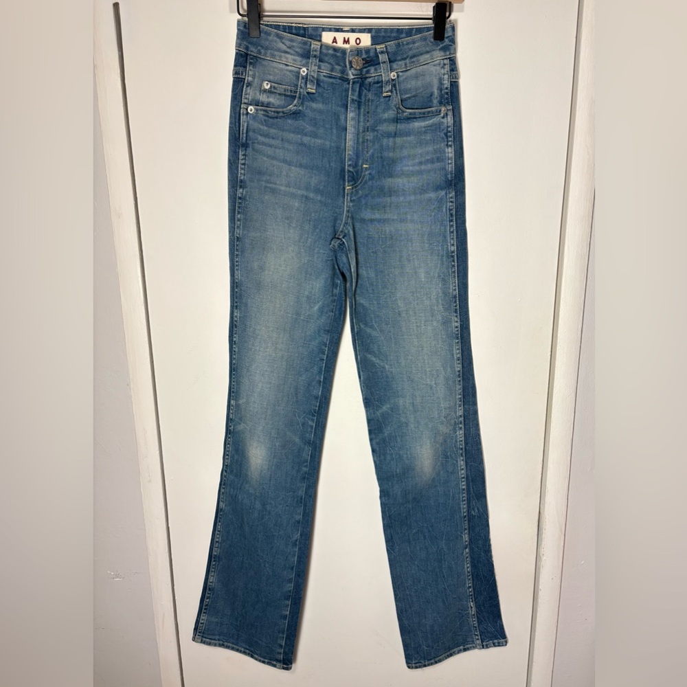 NEW AMO Willa High Rise Slim Flare Contrast Wash Denim Women’s 25 Luxury Amour